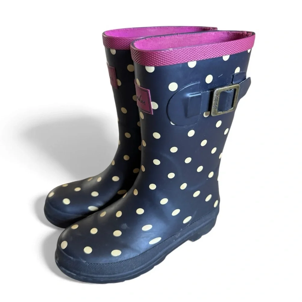 Joules Kids Waterproof Rubber Rain Boots Black Pink Yellow Polka Dot Shoes 13